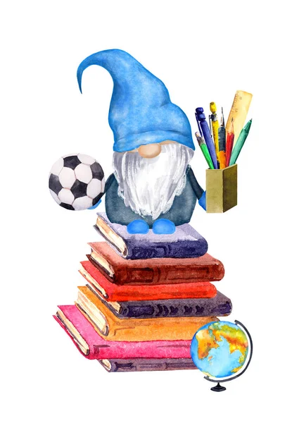 Funny gnome with football ball and pen in hands. Watercolor illustration for education design with school items - globe, books, pen, pencils. — ストック写真