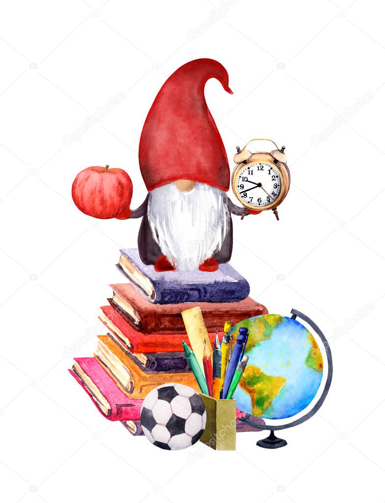 Cute gnome with school items - globe, books, apple, pen and pencils, ball, clocks. Watercolor funny illustration for education in college, university design with various study supplies