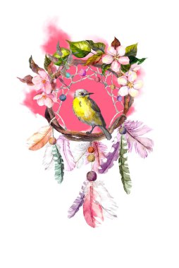 Dream catcher with feathers, flowers. Small bird sitting in dreamcatcher. Abstract watercolor stain on background. Romantic design for card, t shirt, ethnic wedding
