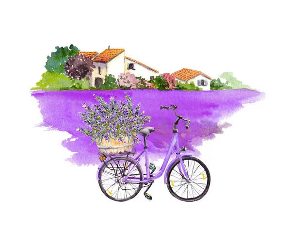 자전거, 바구니에 라벤더 꽃이 들어 있는 자전거 농장 과 보라색 라벤더 들판 이 있는 소박 한 풍경. 수채 색 — 스톡 사진