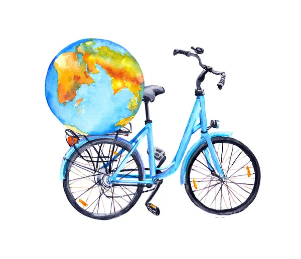 전 세계 자전거를 바구니에 담는 거죠. 여행 컨셉의 수채 색 — 스톡 사진