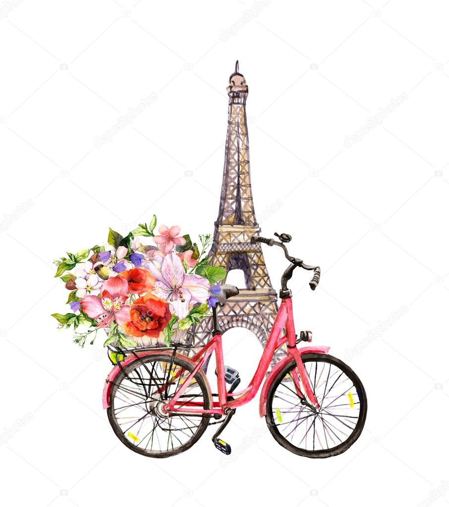 Vintage bicycle with flowers in basket and Eiffel tower in Paris. Watercolor