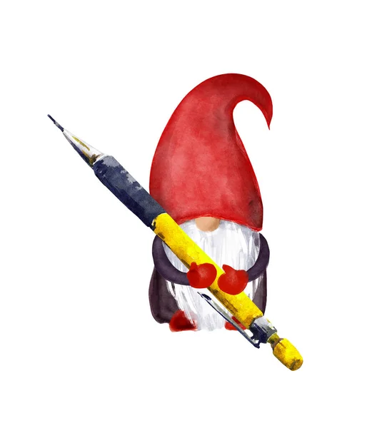 School gnome - pencil in hands. Watercolor funny illustration for textbook cover design — Stock Photo, Image