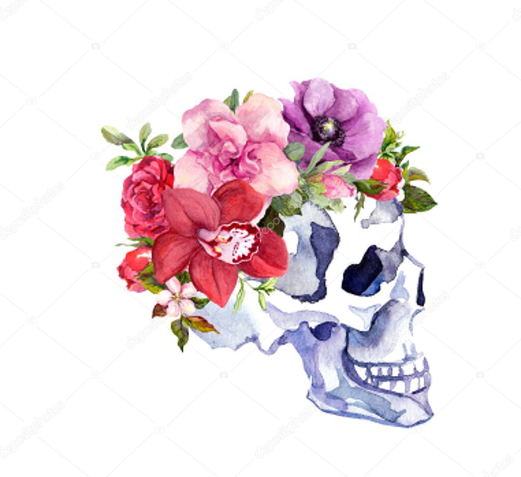 Human skull in profile with flowers. Watercolor