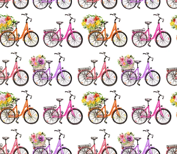 Bicycles and flowers in basket. Seamless pattern. Watercolor sport background