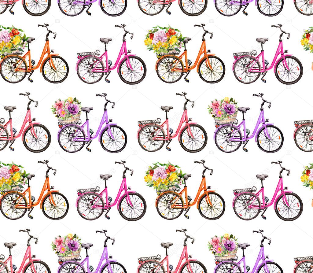 Bicycles and flowers in basket. Seamless pattern. Watercolor sport background