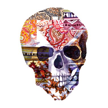 Süslü süs içinde suluboya insan kafatası - dövme için tasarım, çiçekli süsleme
