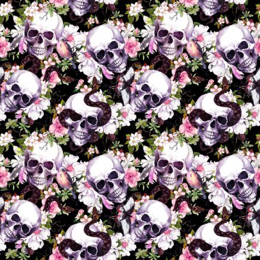 İnsan kafatasları, çiçekler, kelebekler, yılan. Siyah arka planda kusursuz desen. Suluboya