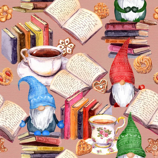 Gnomos, libros, tazas de té. Acogedor patrón sin costura acuarela sobre abrazo — Foto de Stock