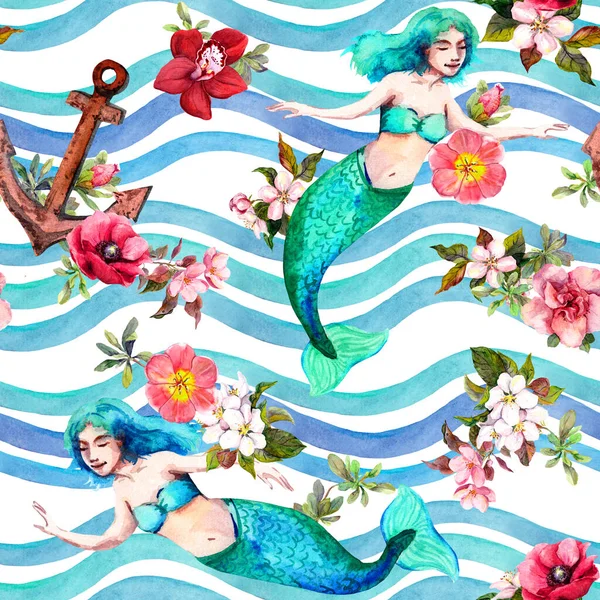 Mermaids swimming in sea waves with flowers, anchors. Feminine vintage seamless pattern. Marine watercolor for female or girly design — Stock Photo, Image