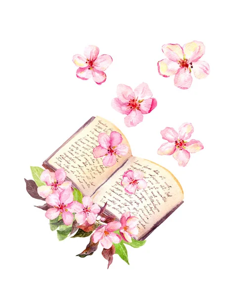 손으로 필기를 한 책, 분홍색 체리 꽃의 봄 꽃들. 수채 색 빈티지 삽화 — 스톡 사진