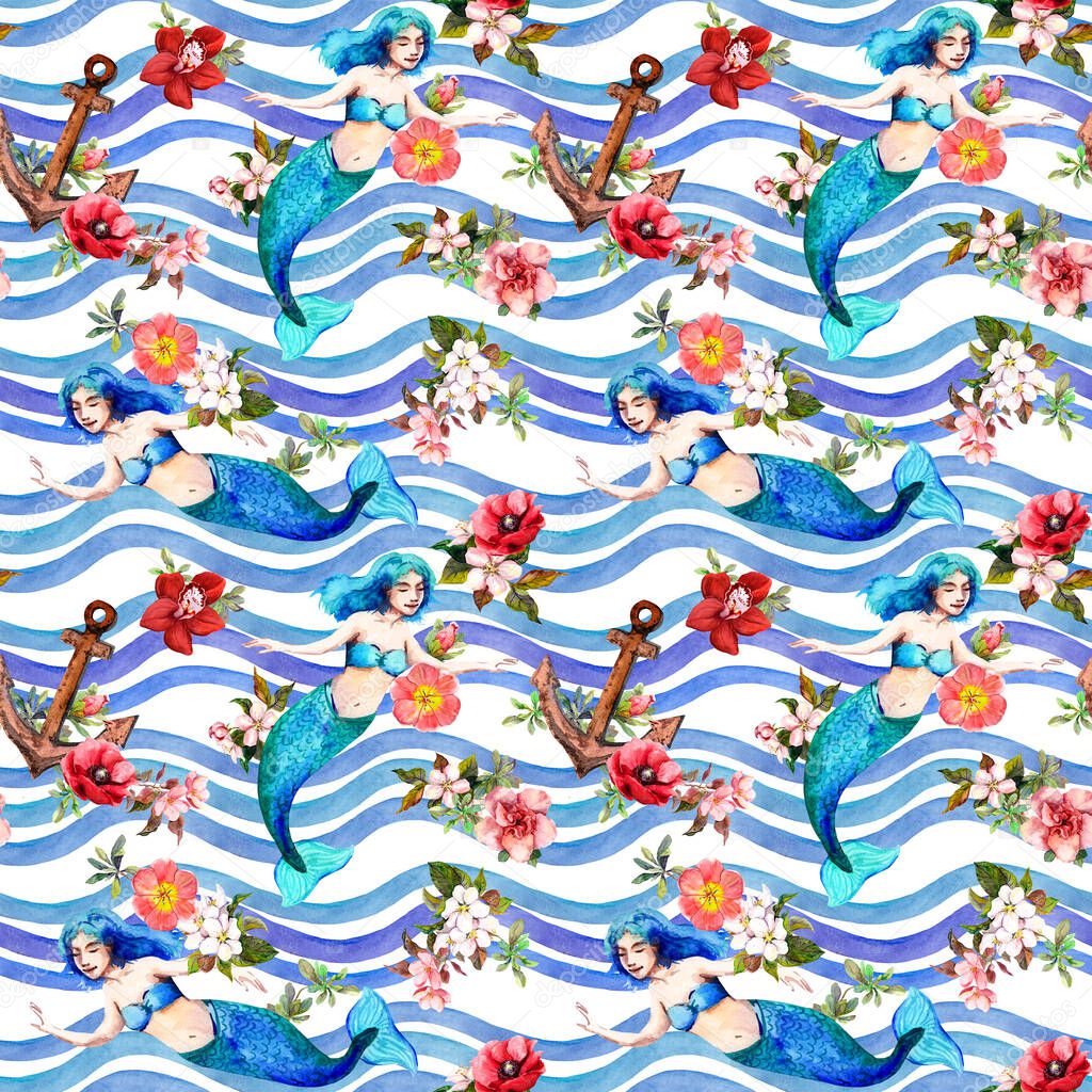 Mermaids swimming in sea waves with flowers, anchors. Feminine vintage seamless pattern. Marine watercolor for female or girly design