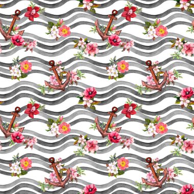 Çiçekli çapa, deniz dalgaları. Gri, siyah ve beyaz çizgili tekrarlanan desen. Eski tarz suluboya okyanus arkaplanı