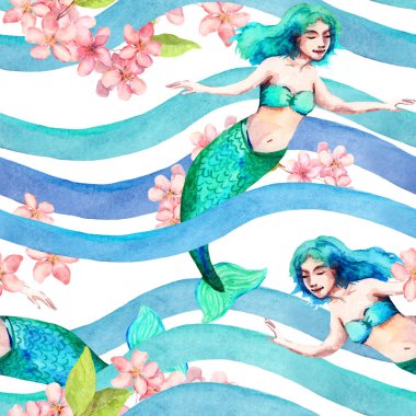 Deniz kızları, deniz dalgalarında pembe çiçekler. Kızsal, pürüzsüz desen. Çocuksu tasarım için deniz suluboya