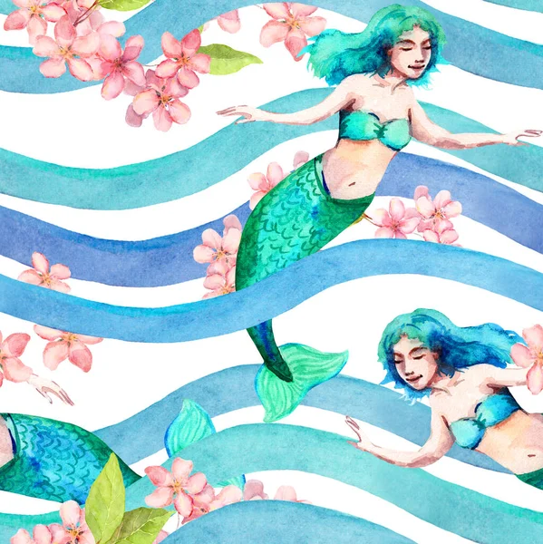 Mermaids, pink flowers in sea waves. Girly seamless pattern. Marine watercolor for childish design — Stock Photo, Image