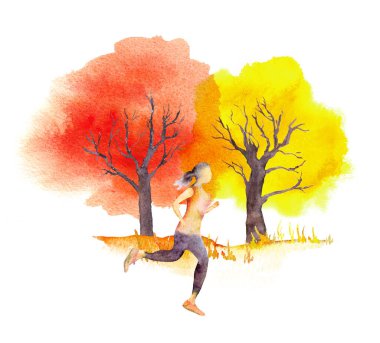 Kız ya da genç kadın sonbahar manzarasında açık havada koşar, sarı ağaçla park eder. Suluboya