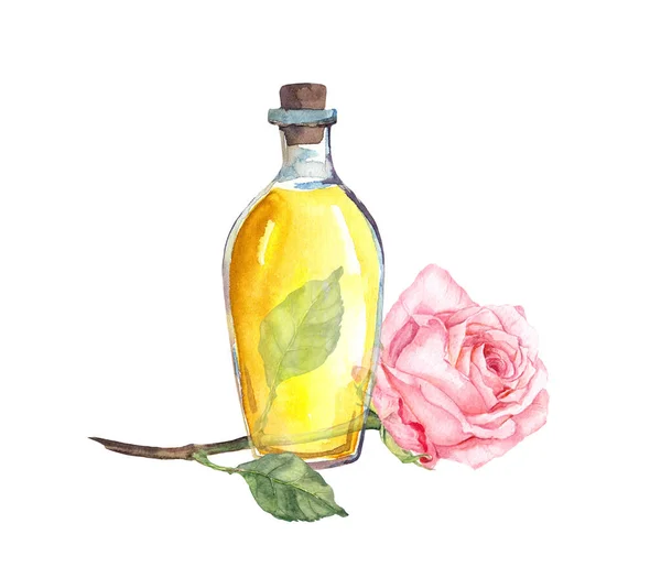 Butelka szklana - olejek eteryczny z różowym kwiatem róży. Akwarela — Zdjęcie stockowe
