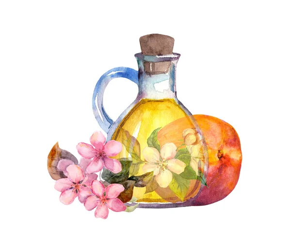 Cam şişedeki şeftali yağı, meyve ve pembe çiçeklerle. Suluboya — Stok fotoğraf