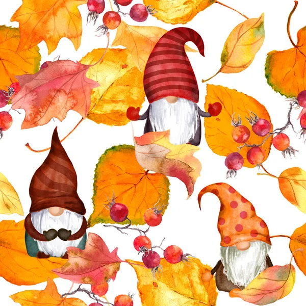 Gnomi di autunno con foglie, bacche rosse. Modello autunnale senza cuciture con nani scandinavi. Acquerello ripetizione sfondo — Foto Stock