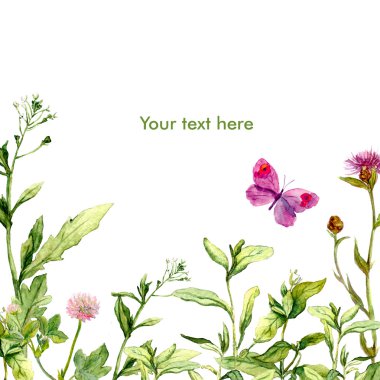 Çayır çimen ve kelebek suluboya çiçek tebrik kartı