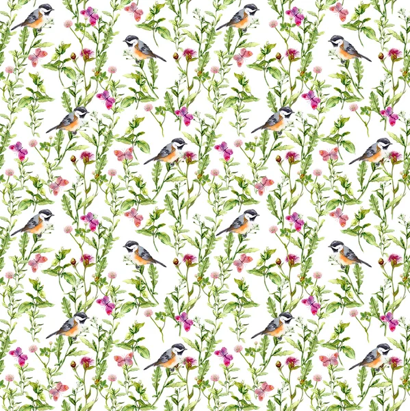 Summer grass with butterflies and birds. Seamless watercolor pattern. — Stock Photo, Image