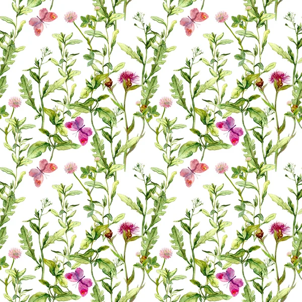 Meadow with butterflies, herbs and flowers. Seamless watercolor floral pattern. — Stock Photo, Image