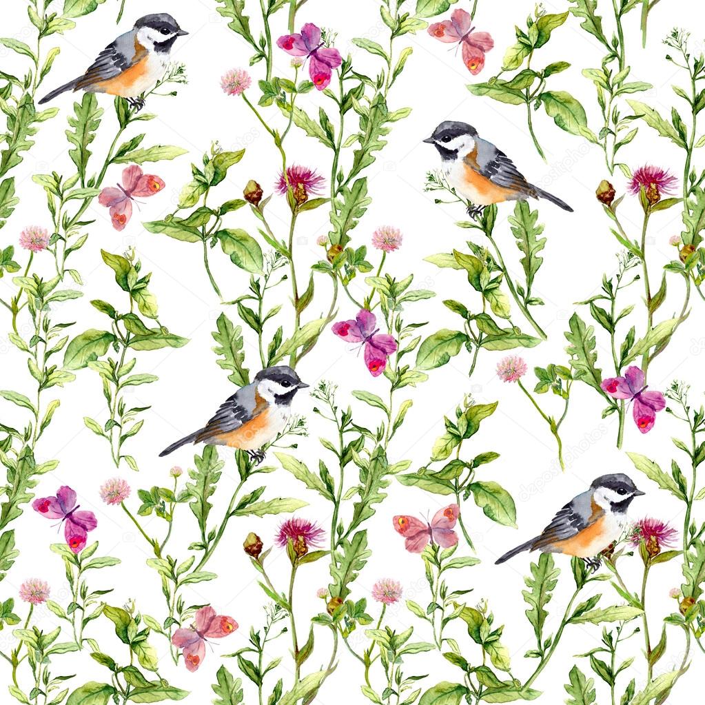 Meadow with butterflies, herbs and birds. Seamless watercolor floral pattern.