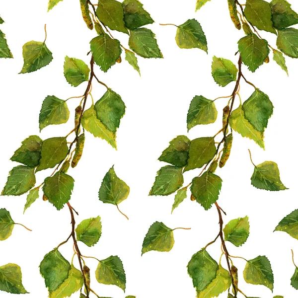 Papel de parede sem costura branco com folhas verdes de ramos de bétula — Fotografia de Stock