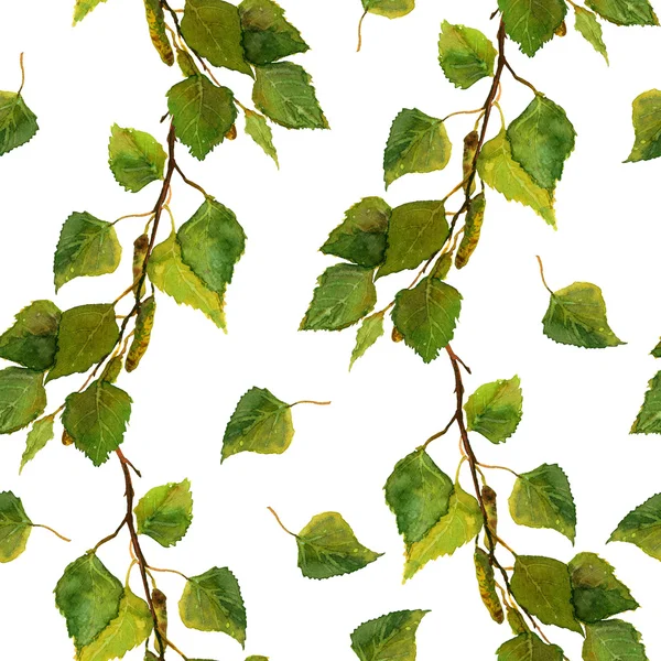 Fondo de pantalla blanco sin costuras con hojas verdes de ramas de abedul —  Fotos de Stock