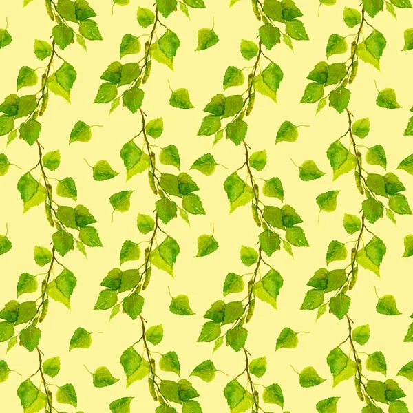 Gele naadloze achtergrond met berken groene bladeren — Stockfoto