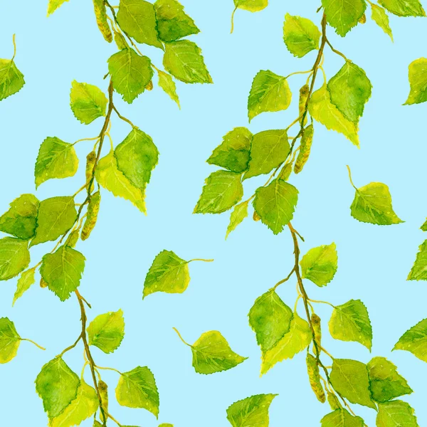 Fondo azul sin costuras con hojas de abedul frescas —  Fotos de Stock