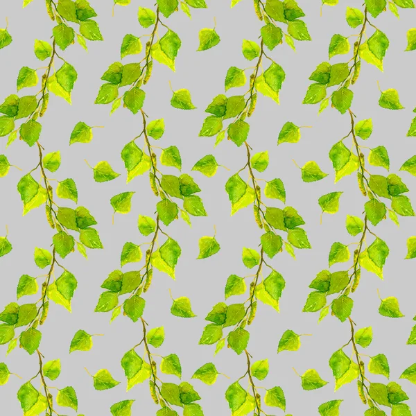 Gray seamless pattern with green fresh leaves of birch — Stock Photo, Image