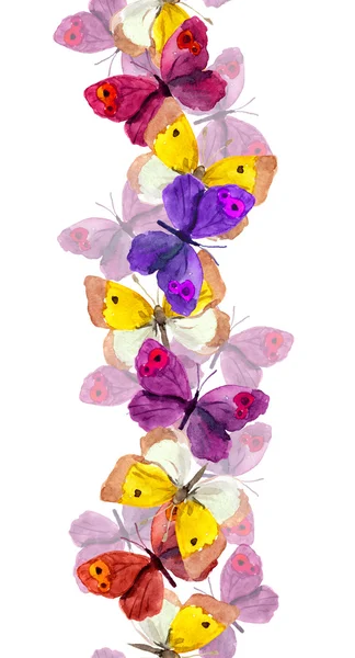 Línea de borde repetida sin costuras con mariposas de colores brillantes - acuarela pintado a mano diseño — Foto de Stock