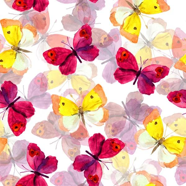 Fondo de pantalla de primavera sin costuras con colorido dibujo de acuarela de mariposas rojas y amarillas — Foto de Stock