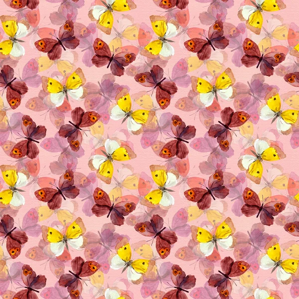 Sfondo senza cuciture con pittura ad acquerello disegnata a mano - farfalle su sfondo rosa — Foto Stock