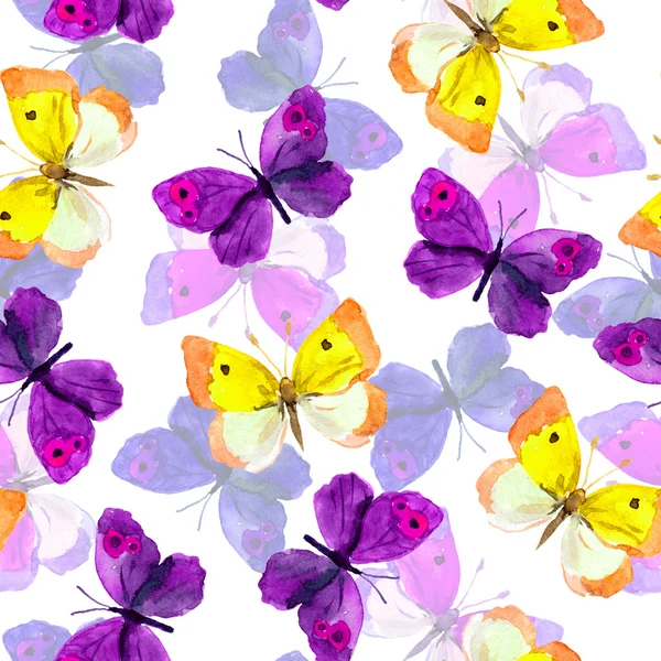 Seamless trendy backdrop with colourful watercolor painted butterflies — Stock Photo, Image