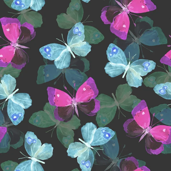 Seamless dark pattern with transparent night butterflies on black background — Stock Photo, Image