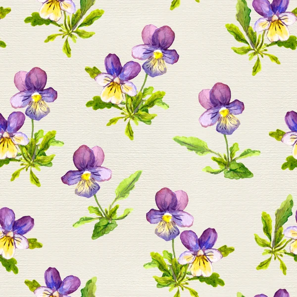 Sömlös floral bakgrund med violett viola blommor på linne konsistens — Stockfoto