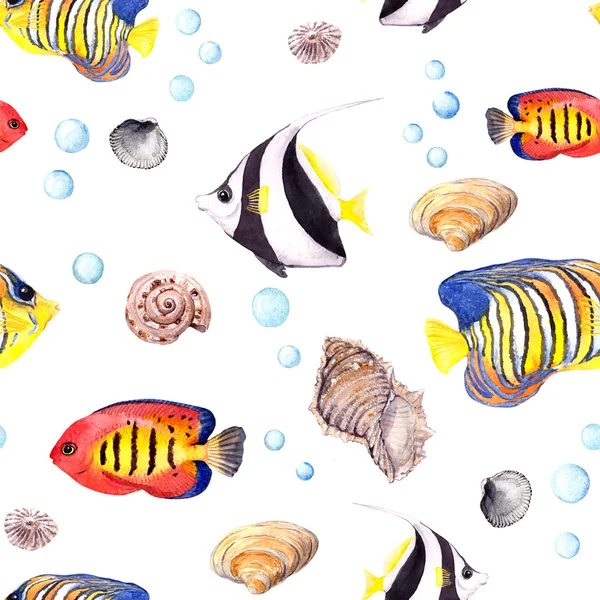 Exotische Fische (tropische Fische) und Muscheln. Wiederholung nahtloser Muster. Aquarell — Stockfoto