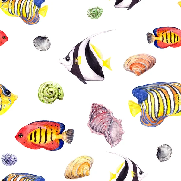 Exotiska fiskar (tropiska fiskar). Upprepande seamless mönster. Akvarell — Stockfoto
