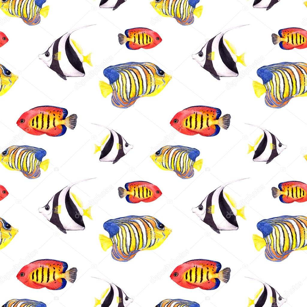 Exotic fish (tropical fish). Repeating seamless pattern. Watercolor