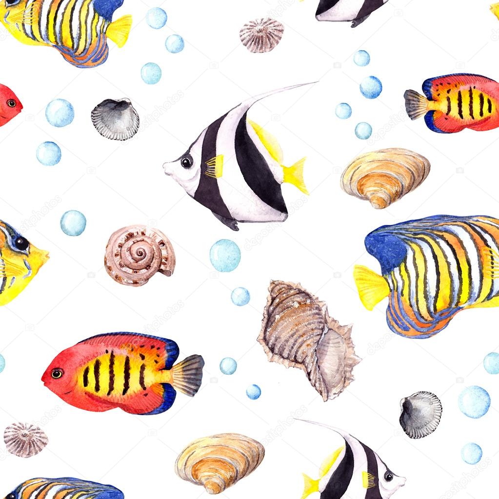 Exotic fish (tropical fish) and shell. Repeating seamless pattern. Watercolor