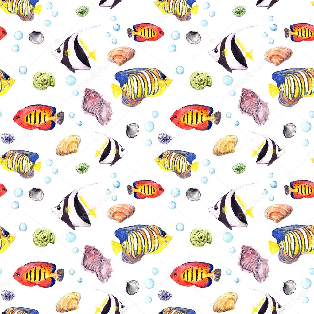 Exotic fish (tropical fish) and seashell. Repeating seamless pattern. Watercolor