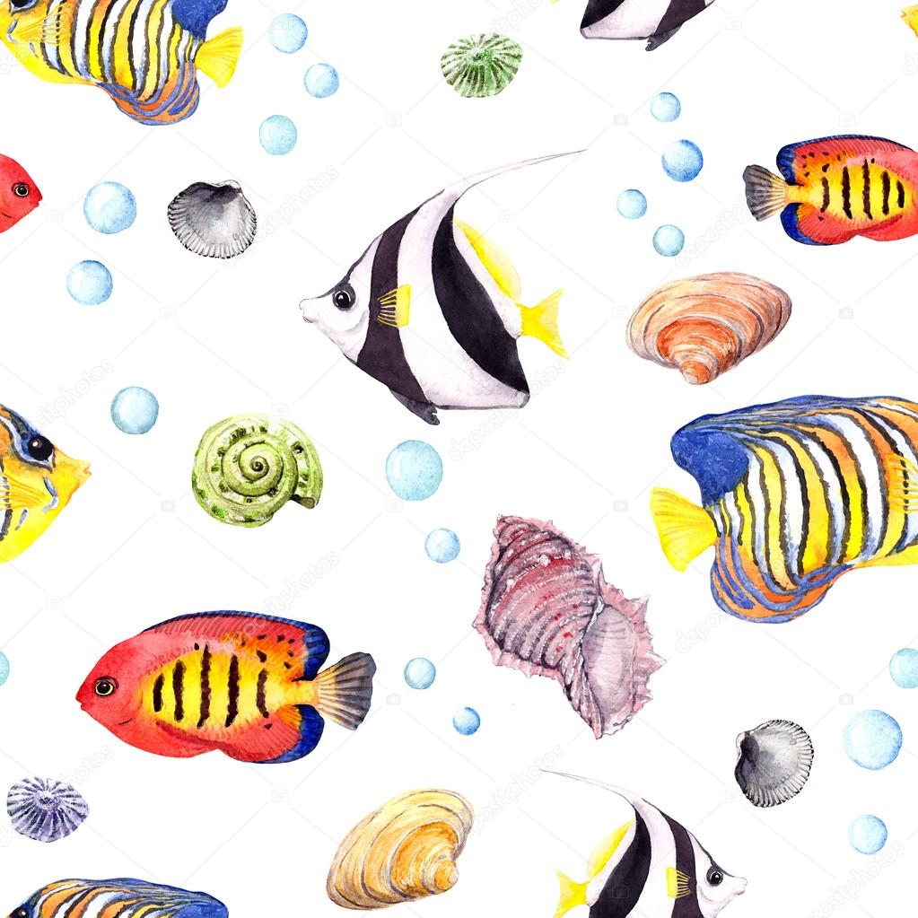 Exotic fish (tropical fish). Repeating seamless pattern. Watercolor