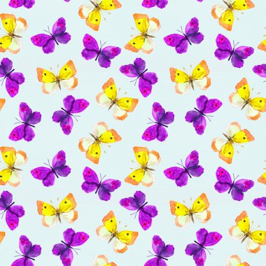 Derma sulu boya boyalı kelebekler hafif mavi kağıt doku ile sorunsuz tekrarlanan şablon