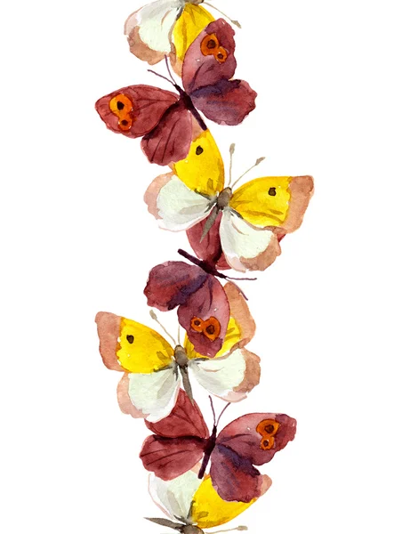 Sømløse bannerstrimler med vakre sommerfugler isolert på hvit - akvarelltegning – stockfoto