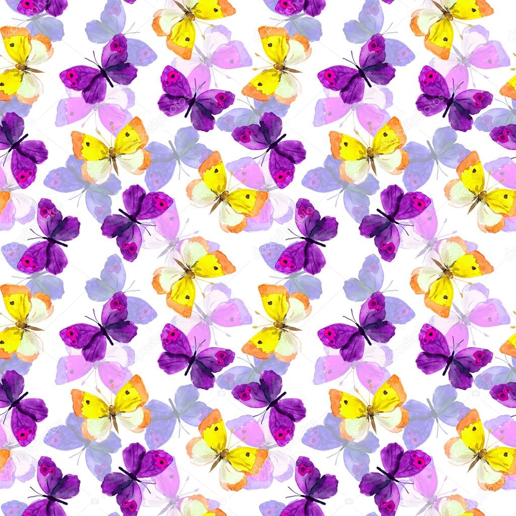Seamless festive background with bright aquarelle painted butterflies ...