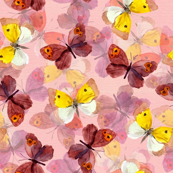 Papel de parede rosa sem costura com aquarela pintada à mão borboleta brilhante no fundo de papel — Fotografia de Stock