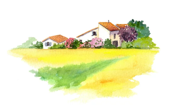 Rural house and yellow field in Provence, France. Watercolor — Stock Photo, Image