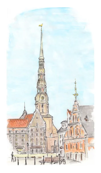 Hand geschilderd schets van Riga stadsplein. Aquarel weergave — Stockfoto